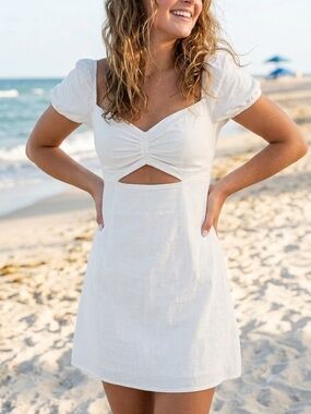 White Cutout Puff Sleeve Mini Dress